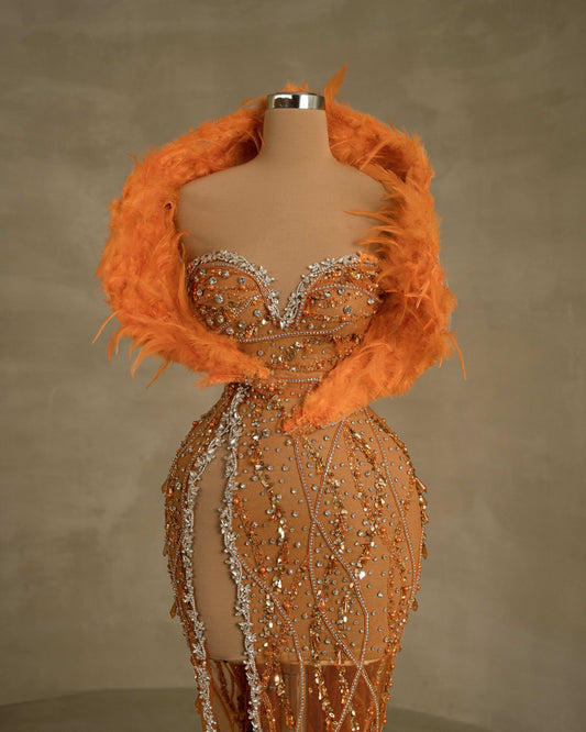 Captivating Abyssal Cut Dress with Plumage and Shimmering Stone Details