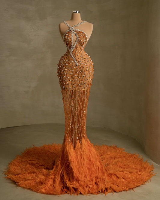 Captivating Asymmetric Neckline Dress adorned with Sparkling Gems and Feather Accents