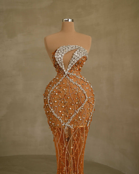 Elegant Sleeveless Dress with Sparkling Crystals and Delicate Feathers