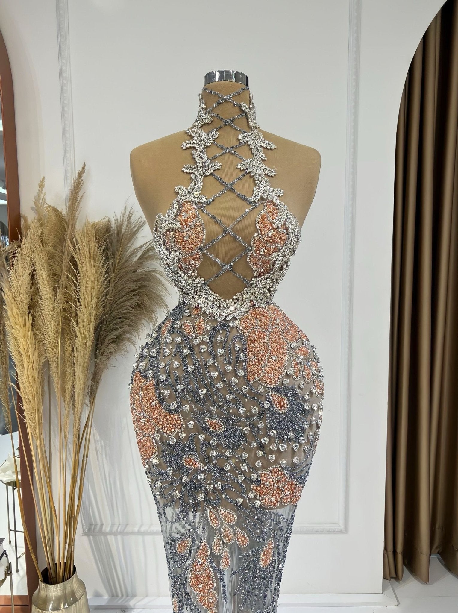 CrystalsHigh NeckLong DressWomen - Blini Fashion House