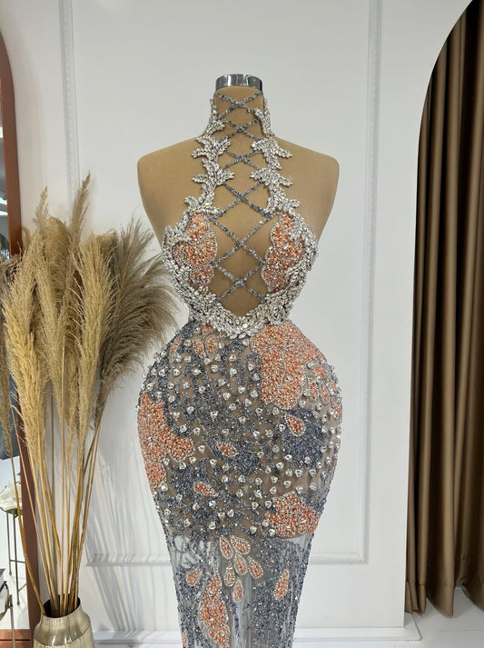 CrystalsHigh NeckLong DressWomen - Blini Fashion House