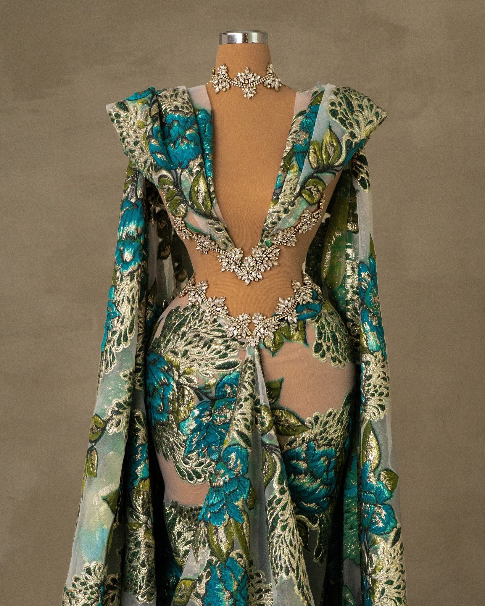 V-Neckline Dress with Side Cape - Elegance in Blue