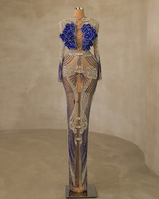 Stunning Stone-Embellished Dress featuring a Striking Chest Cut-Out Design