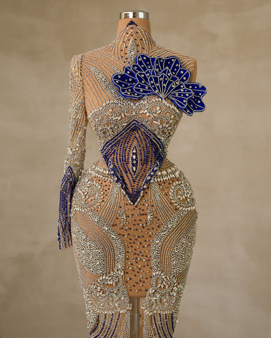Elegant High Neck Dress Adorned with Sparkling Stone Embellishments