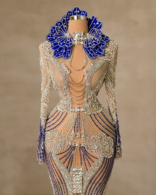 Chic Chest Cut-Out Dress Adorned with Sparkling Stone Embellishments