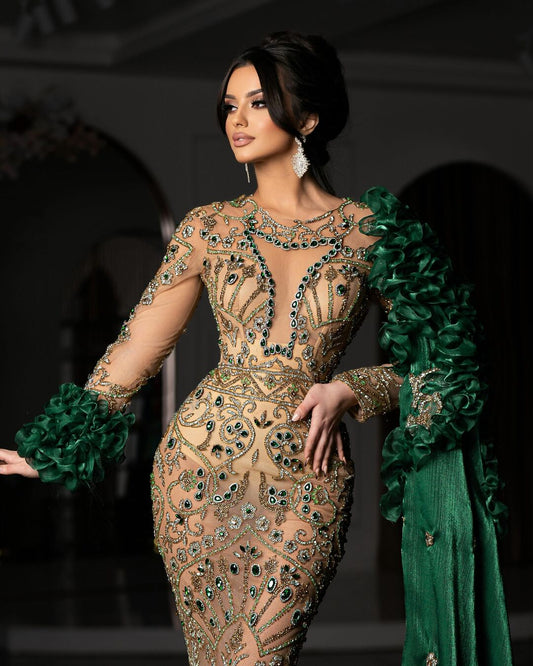 Elegant long green dress with side cape