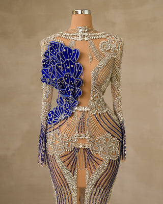 Glamorous Stone-Embellished Dress with a Striking Chest Cut-Out