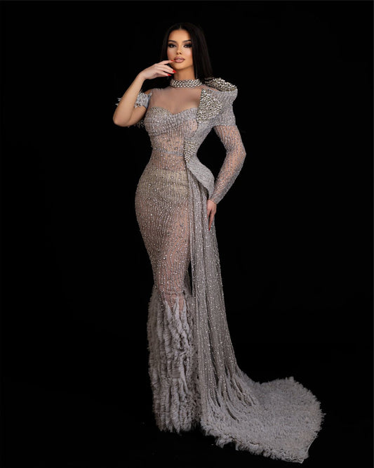 High neck grey dress with elegant side tail design.