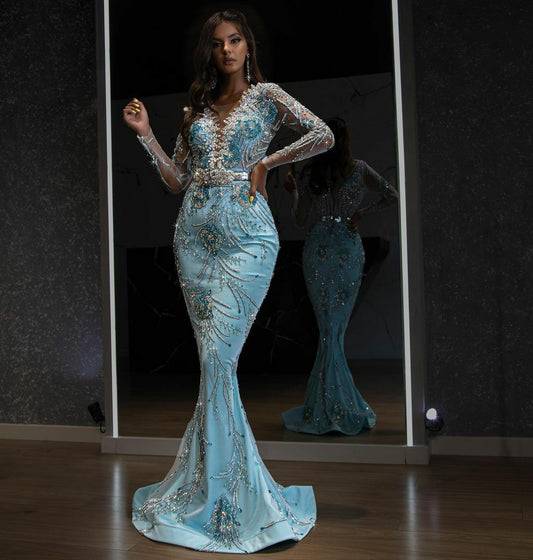 Elegant Light Blue Dress with Long Sleeves and Lace Detail