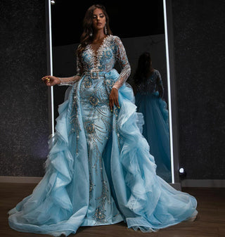 Light Blue Evening Gown with Detachable Tulle Overskirt