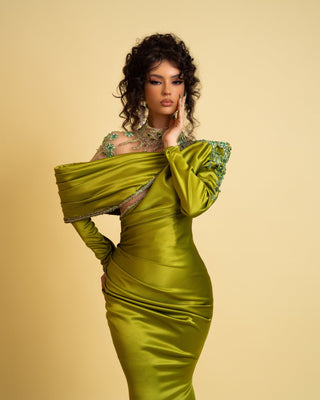 Satin Evening Gown in Rich Olive Green