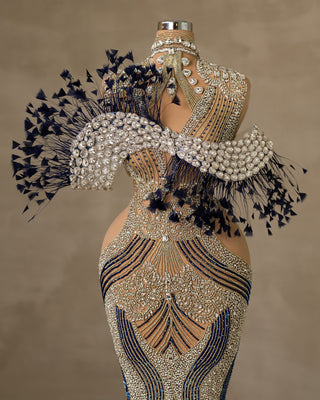 Elegant Sleeveless Dress Adorned with Sparkling Stone and Feather Embellishments