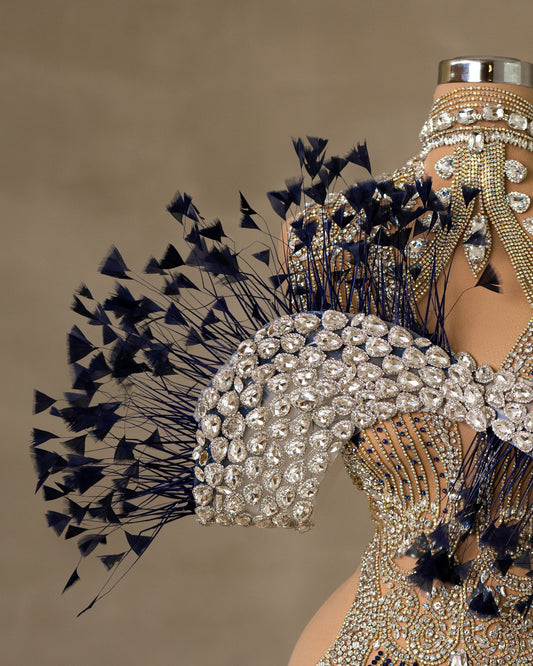 Chic Sleeveless Dress with Stone and Feather Embellishments for a Unique Style