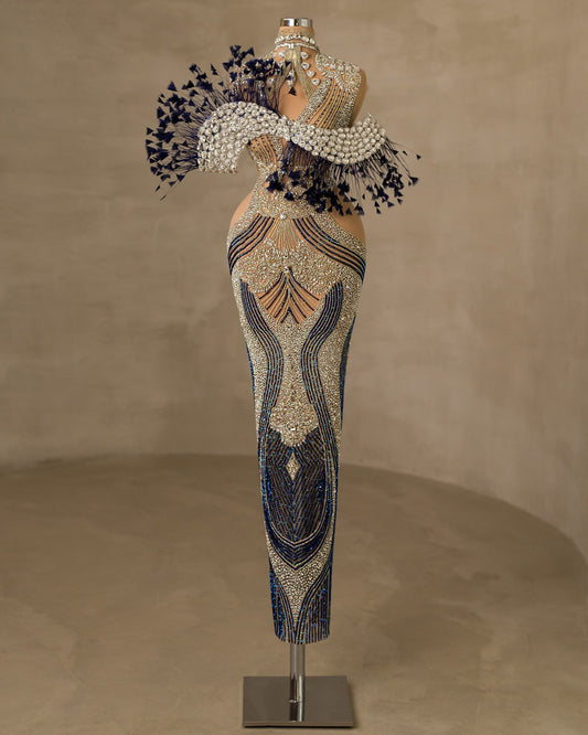 Stunning Stone and Feather Embellished Sleeveless Dress for a Glamorous Look