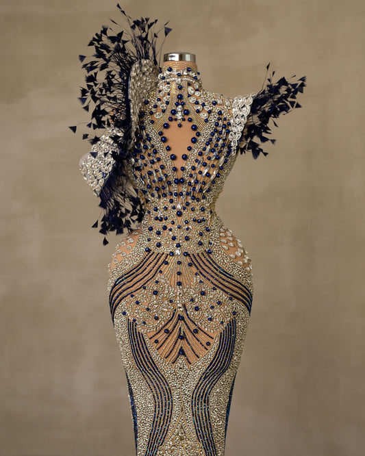 Elegant High Neck Dress with Sparkling Stone and Feather Embellishments
