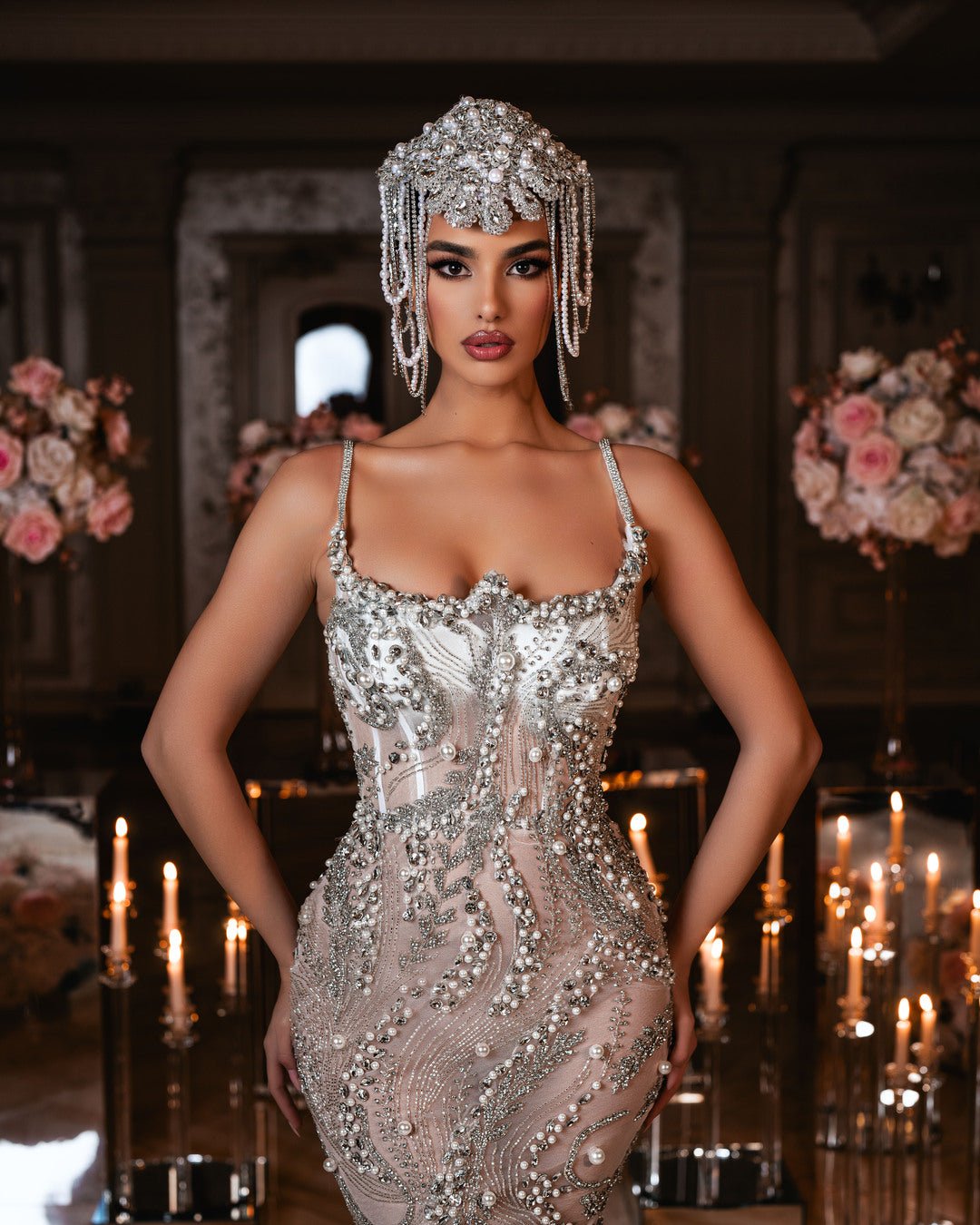 Exquisite Bridal Dress with Lace, Crystals, and Pearls