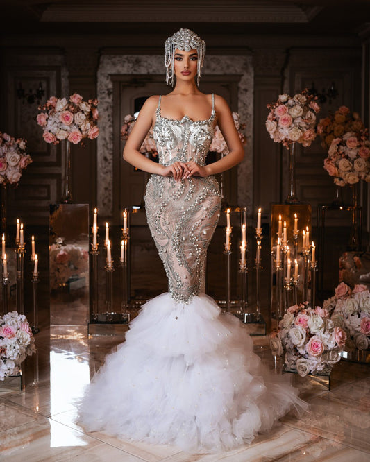 Elegant White Bridal Gown with Train and Embellishments