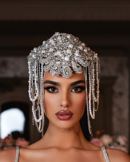 Bridal Headpiece with Silver Stones, Crystals, and White Pearls