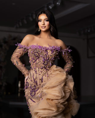 Elegant Off Shoulder Dress - Long Sleeves, Lace, and Purple Crystal Embellishments