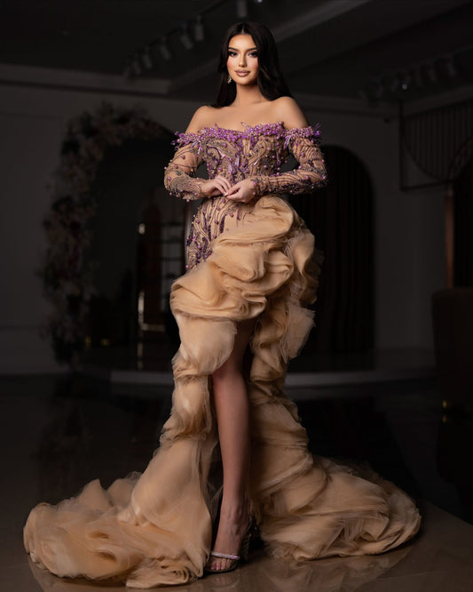 Chic Off-the-Shoulder Gown with Beige Tulle Detail