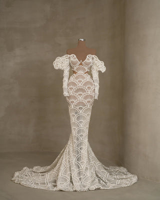 Long sleeve bridal dress with off-shoulder design