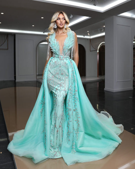 AquaDeep V NecklineLong DressWomen - Blini Fashion House