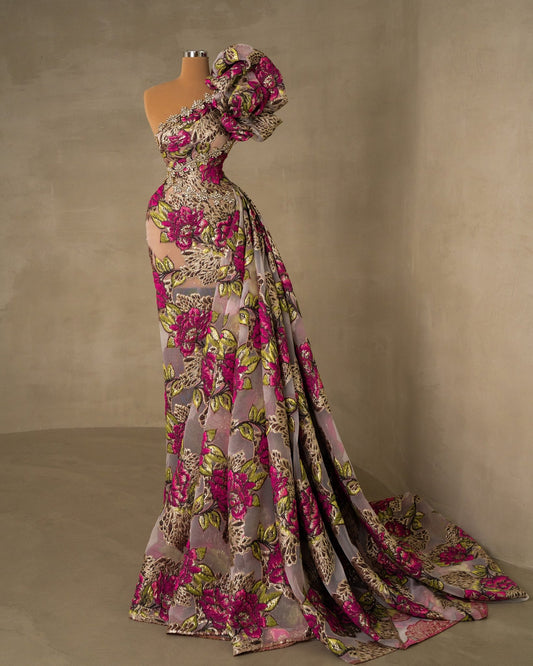 Fashionable One-shoulder Gown - Unique Side Tail Design