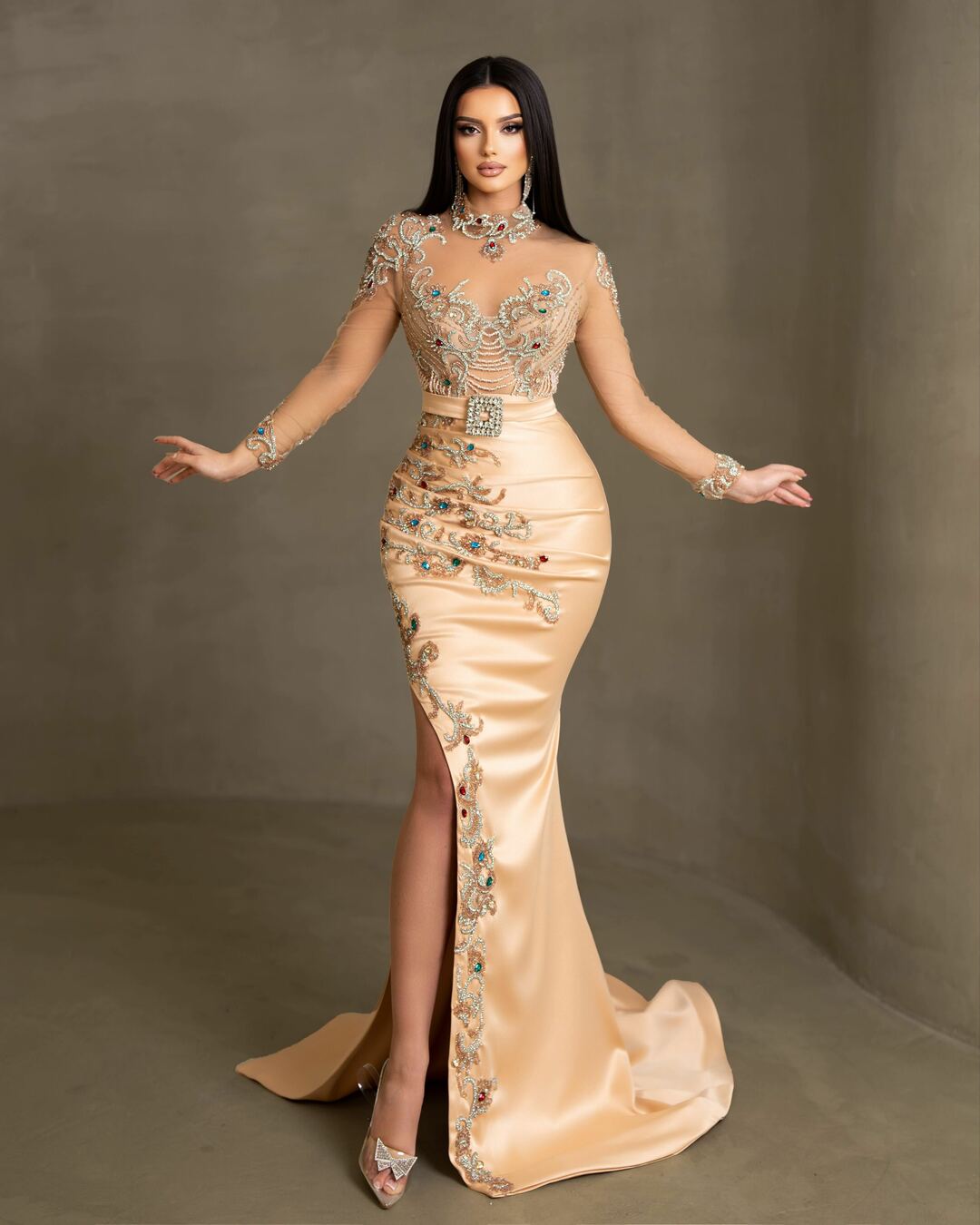 High Neck Champagne Dress - Formal Attire with Stylish Slit