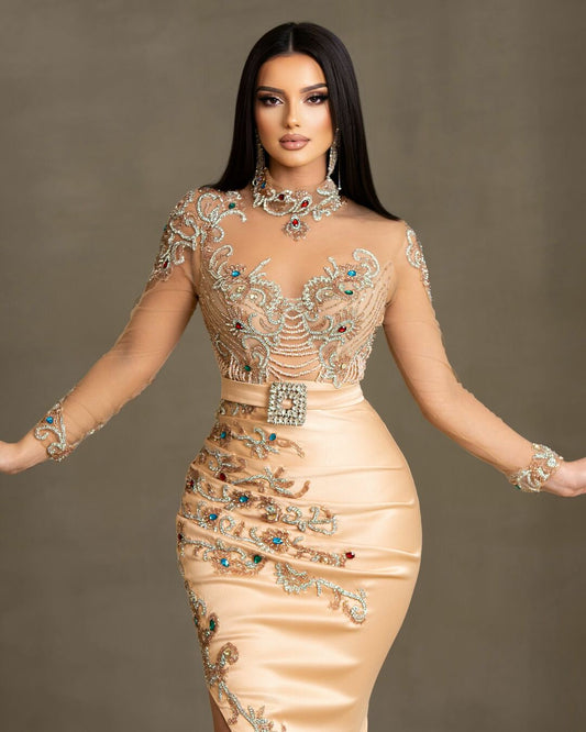 Champagne Evening Gown - Satin Skirt with Luxury Lace and Stones