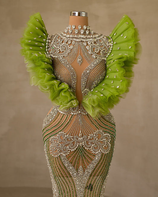 Elegant High-Neck Cut-Out Dress Adorned with Sparkling Stones and Tulle Embellishments