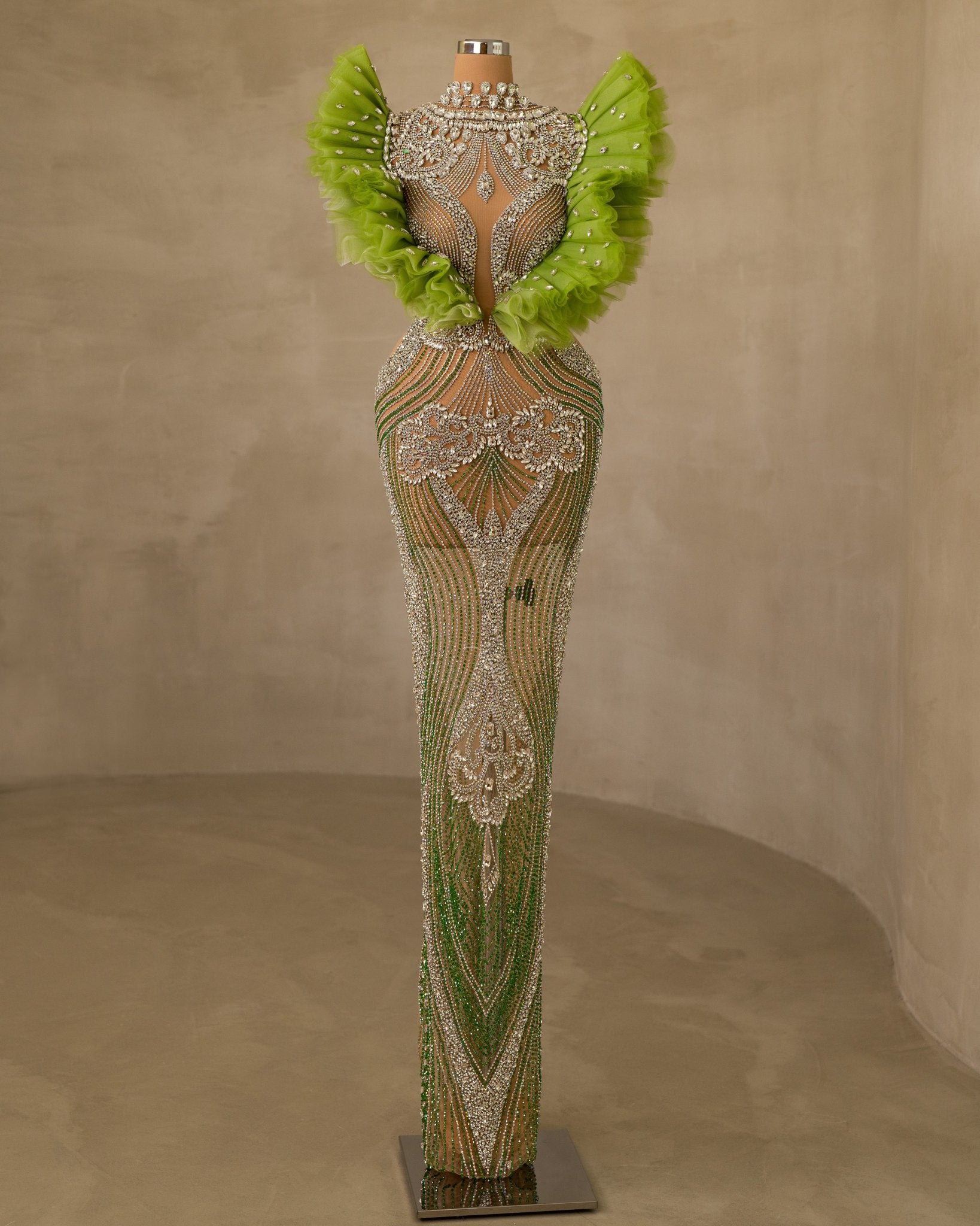 Stunning Stone and Tulle Embellished High-Neck Cut-Out Dress for a Glamorous Look