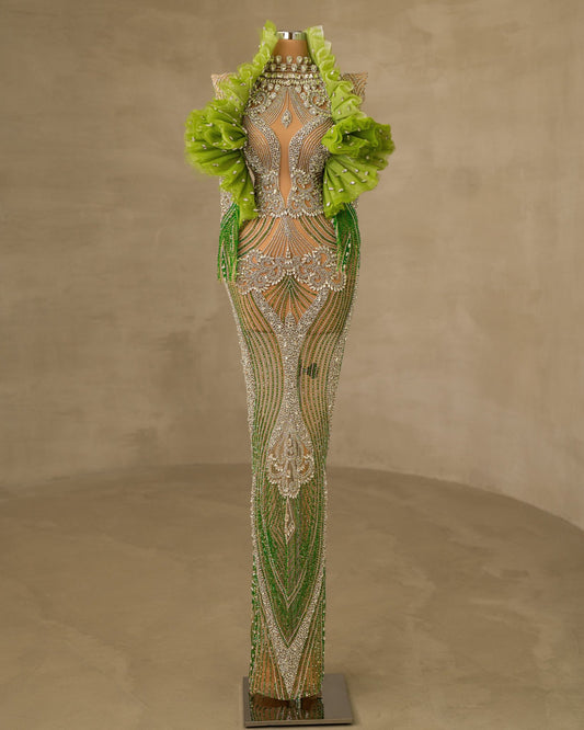 Stunning Stone and Tulle Embellished High Neck Dress for a Glamorous Look