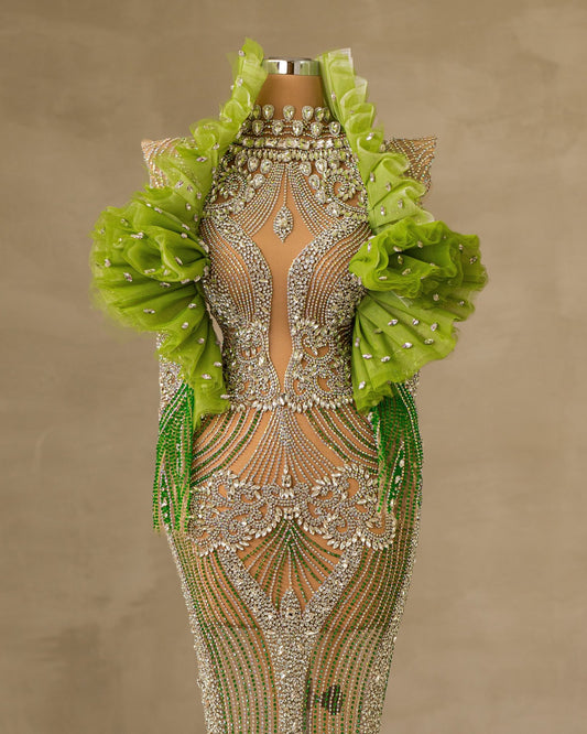 Elegant High Neck Dress Adorned with Sparkling Stones and Tulle Embellishments