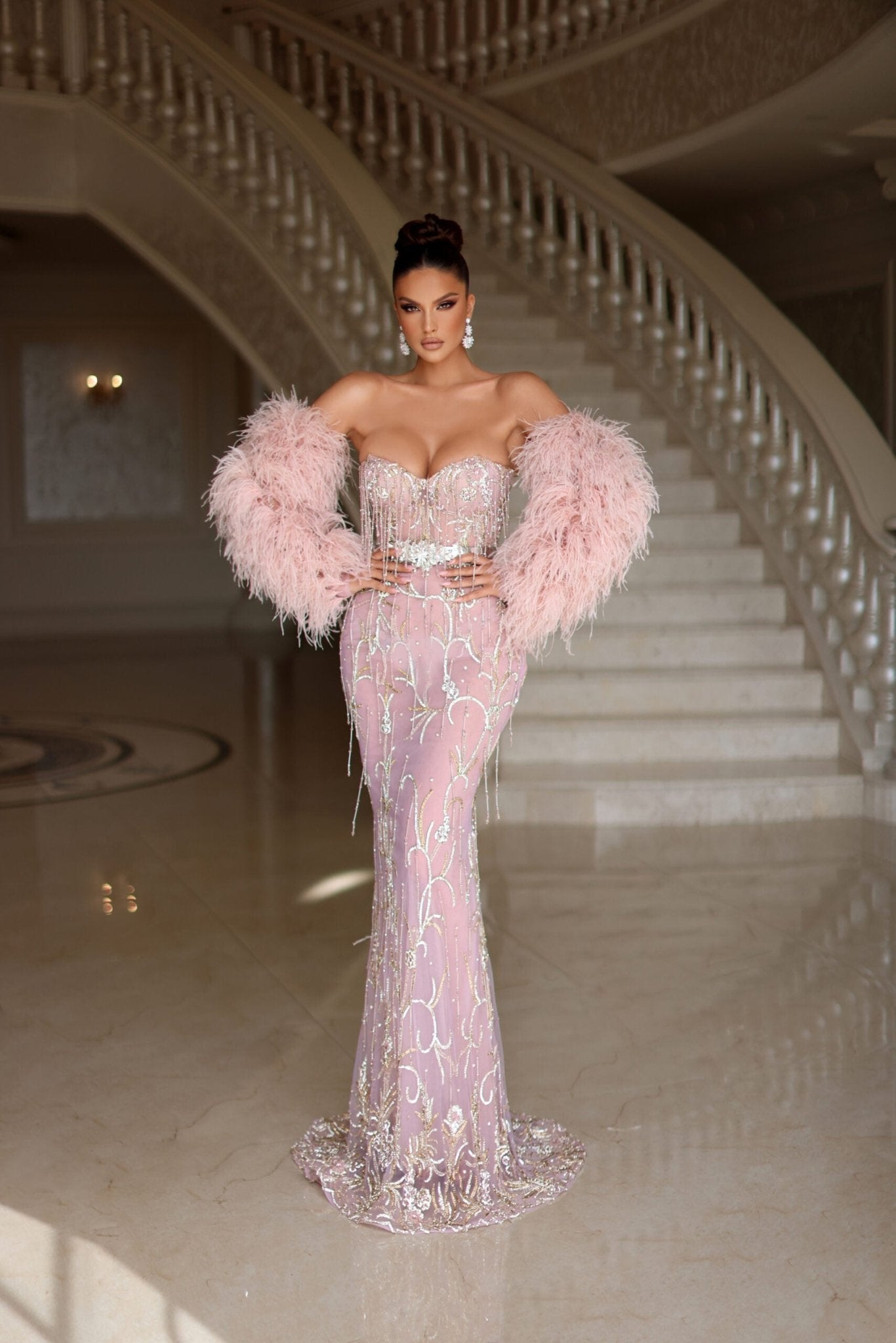 BeadsFeathersLong Dress - Blini Fashion House