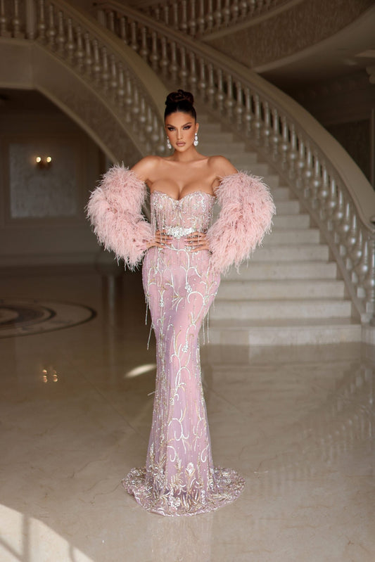 BeadsFeathersLong Dress - Blini Fashion House