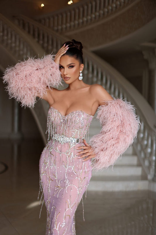 BeadsFeathersLong Dress - Blini Fashion House