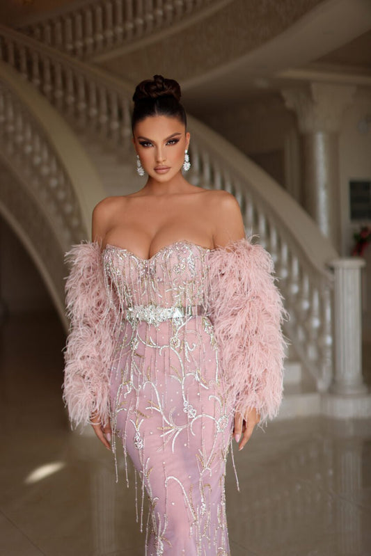 BeadsFeathersLong Dress - Blini Fashion House