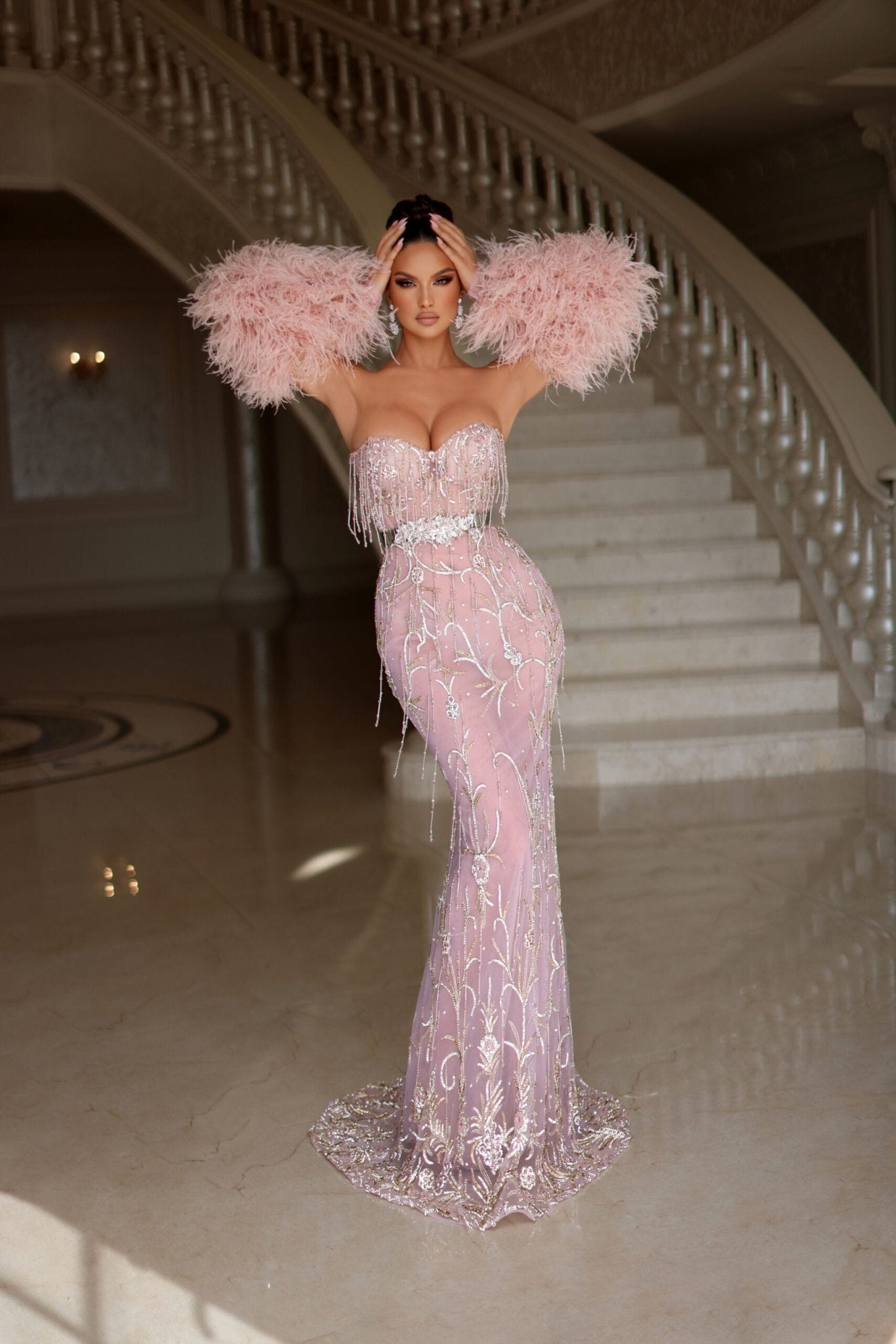 BeadsFeathersLong Dress - Blini Fashion House