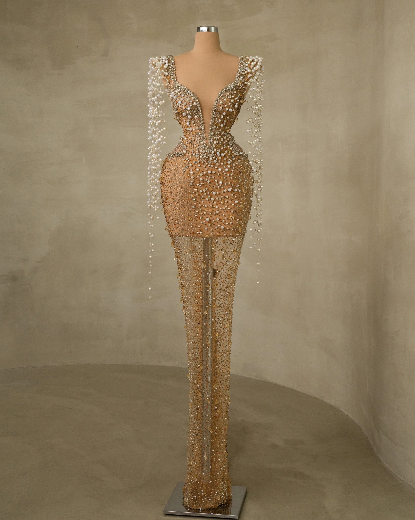 Opulent Stones and Pearls Dress - Long Elegance