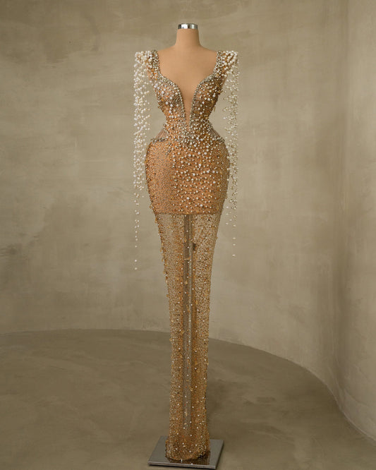 Opulent Stones and Pearls Dress - Long Elegance