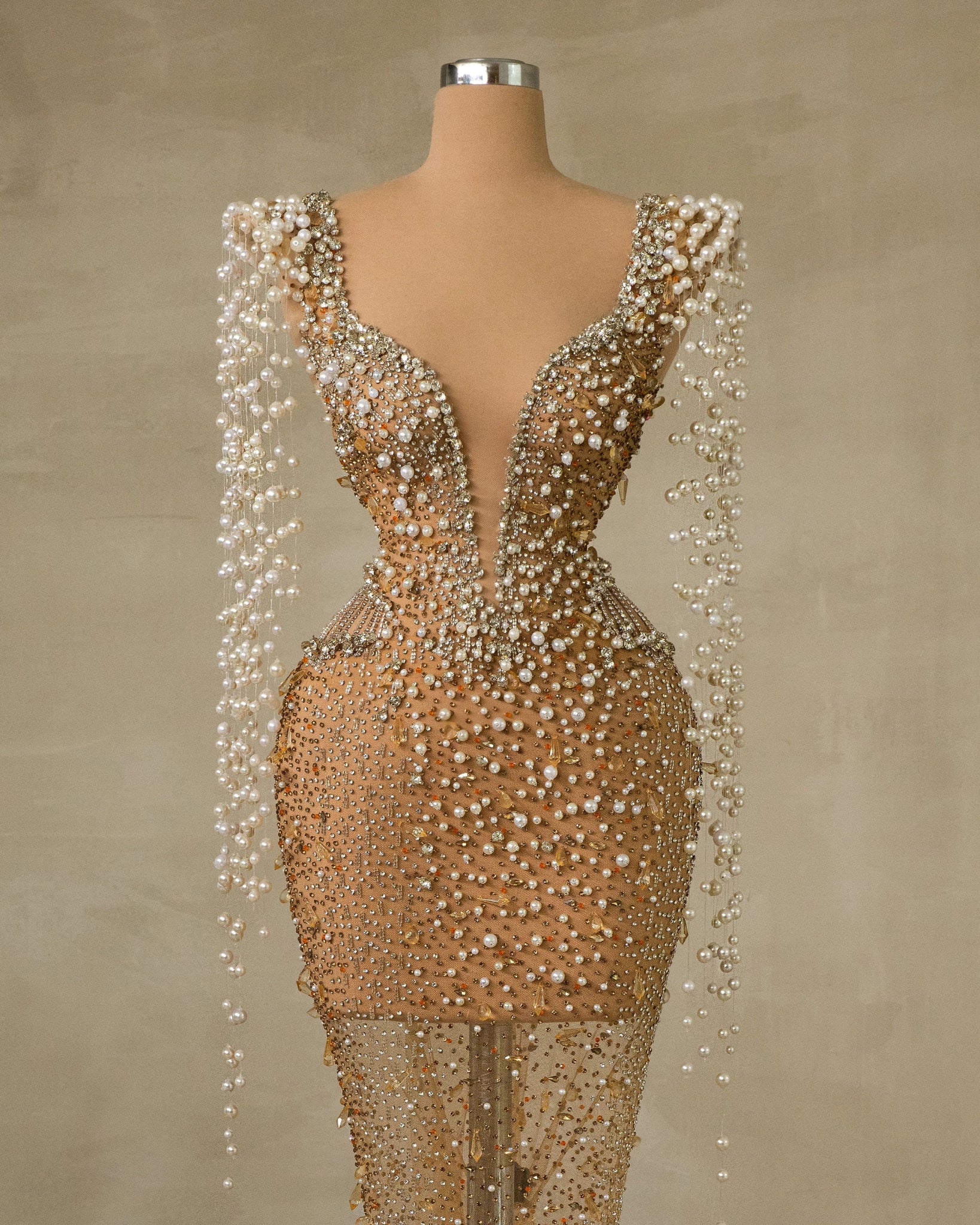 Long Dress with Crystal and Pearl Embellishments