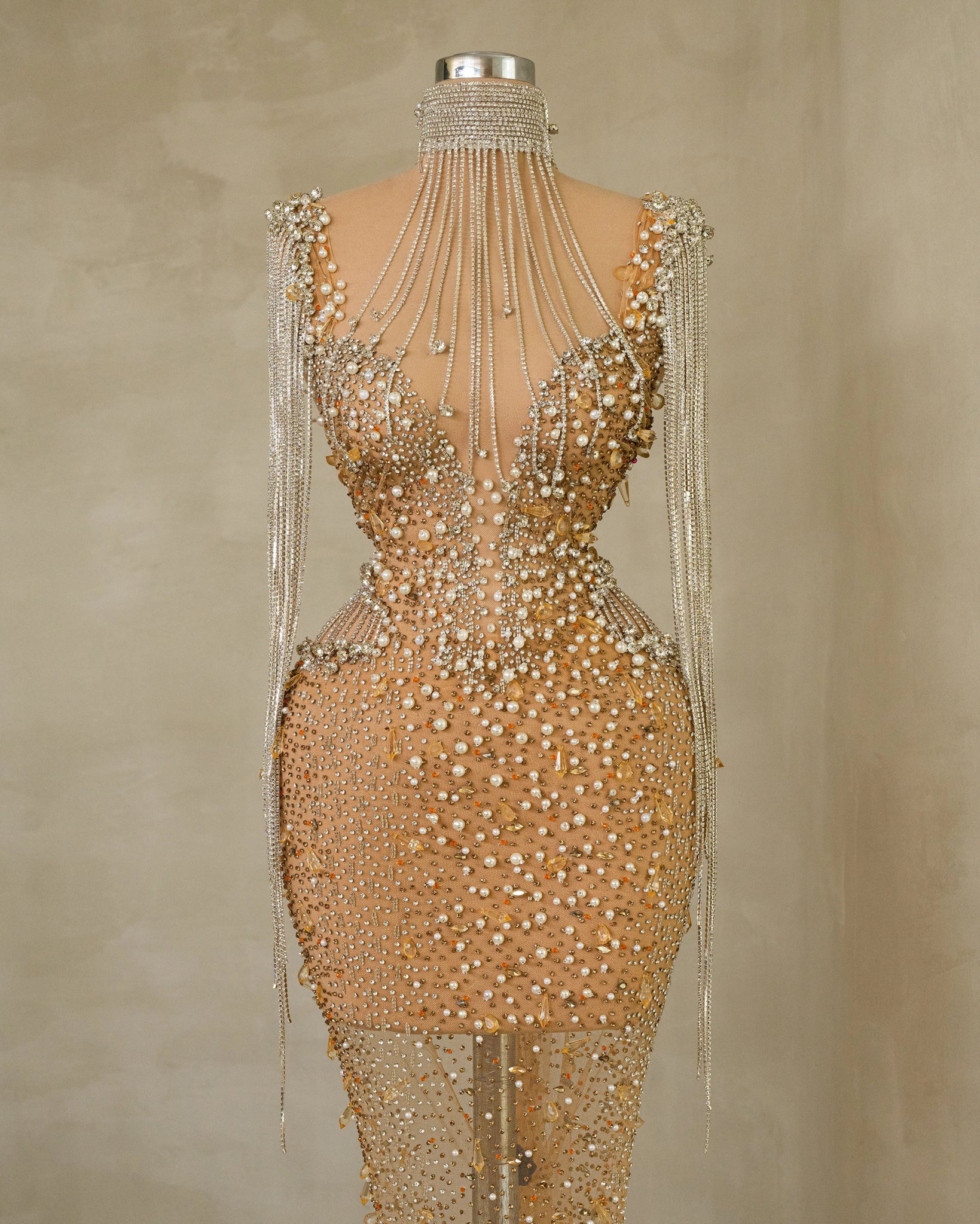 High Neck Dress with Cascading Pearls and Tassels