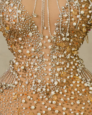 Elegant High Neck Dress - Crystal Tassel Detail