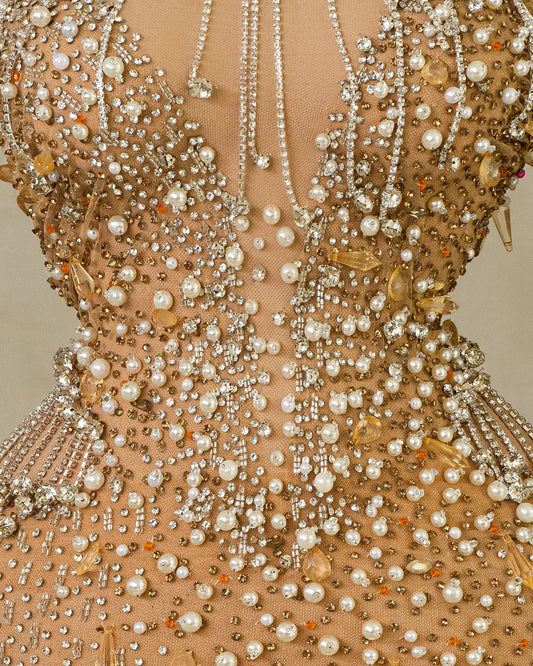 Elegant High Neck Dress - Crystal Tassel Detail