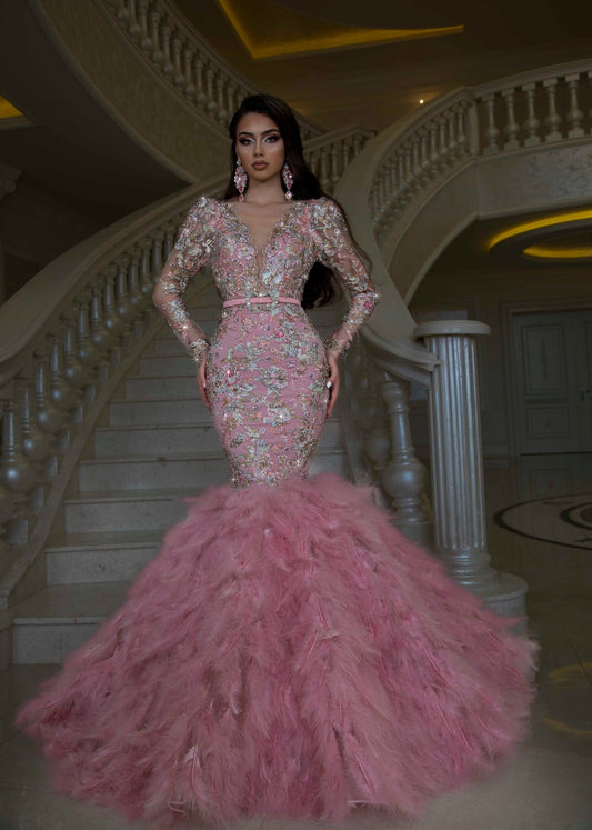 Deep V NecklineFeathersLong DressWomen - Blini Fashion House