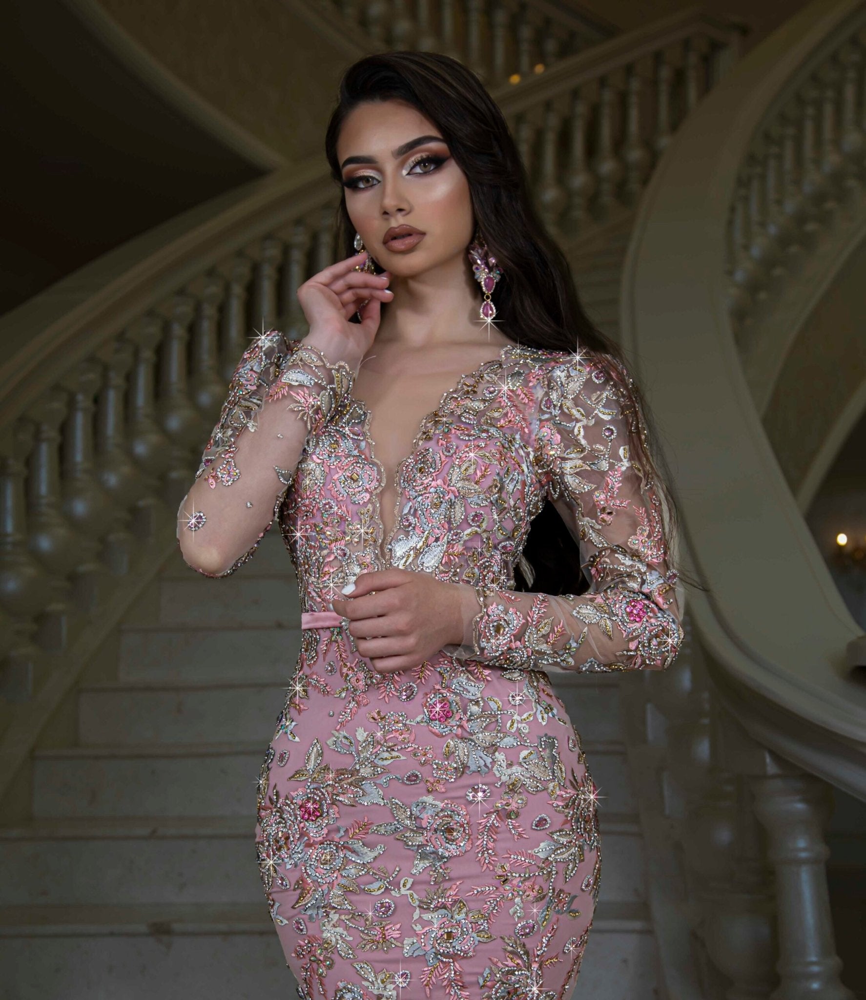 Deep V NecklineFeathersLong DressWomen - Blini Fashion House