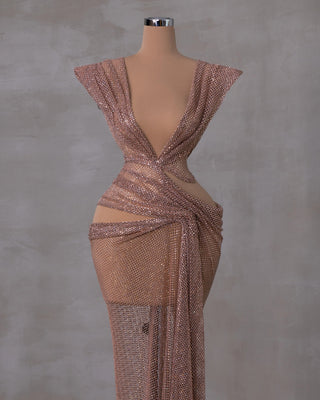 Rose Gold Mesh Dress with Cut-Outs - Elegant Evening Wear