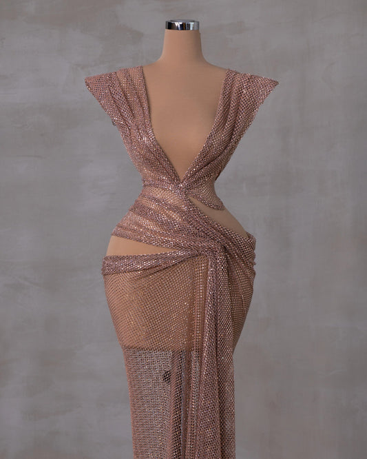 Rose Gold Mesh Dress with Cut-Outs - Elegant Evening Wear