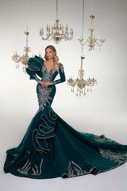 Luxury Velvet Green Dress with Gemstone Embellishments