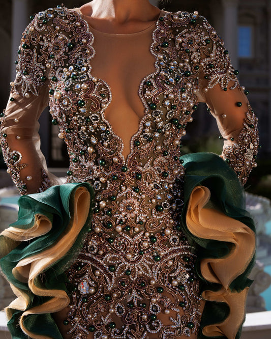 Chic V-Neckline Dress Enhanced by Exquisite Stones and Beads